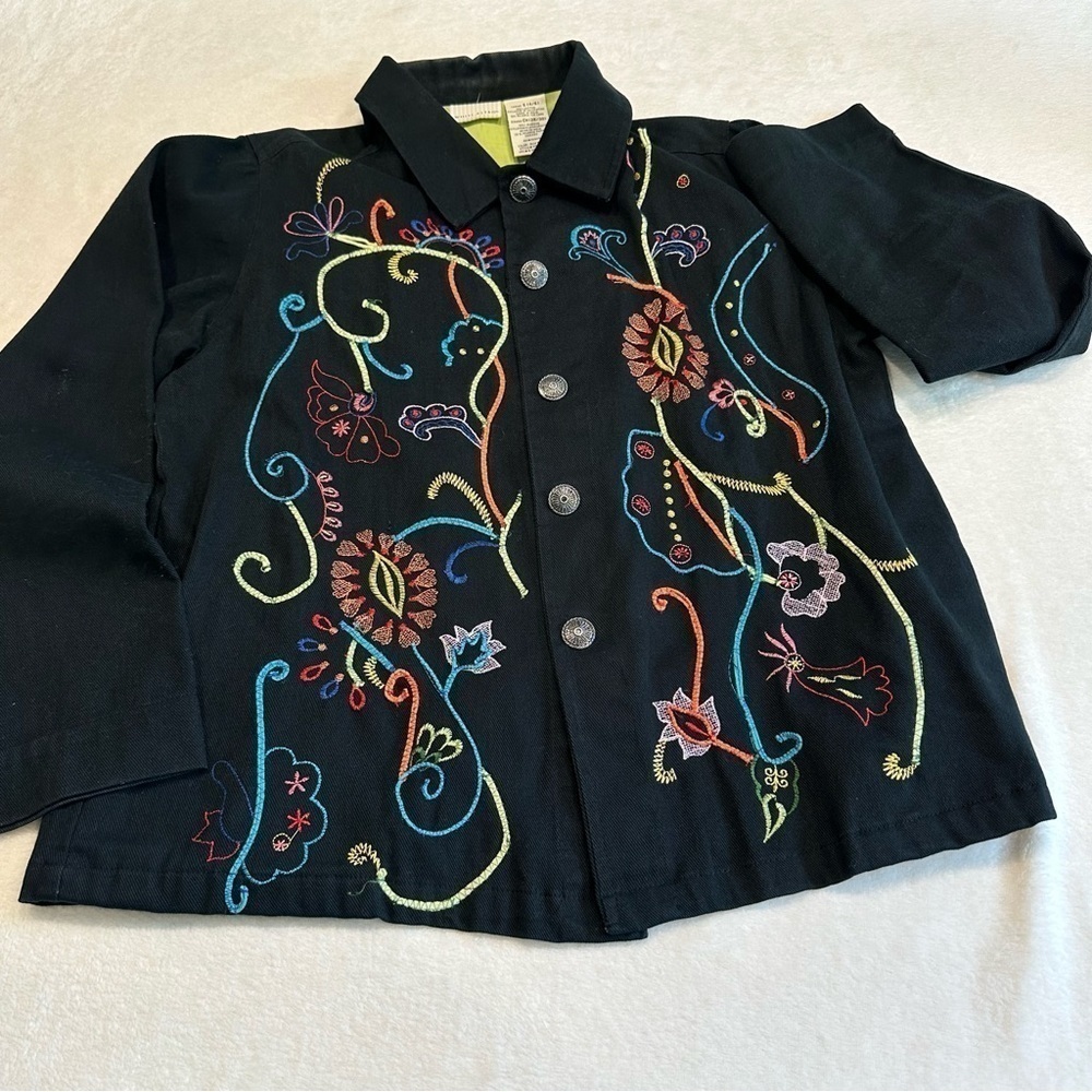 EU Vintage White Stag Floral Embroidered Black Denim Jacket - Picture 2 of 15